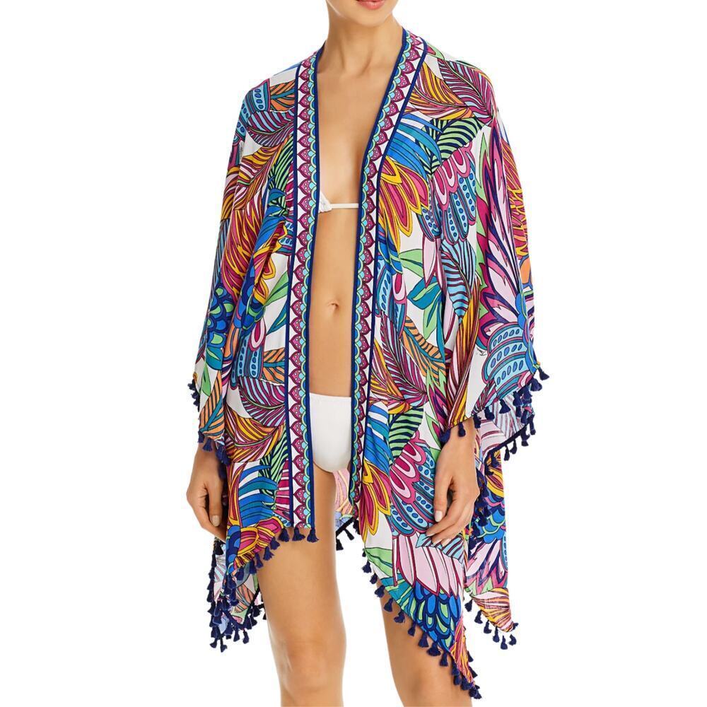 Trina Turk Paradise Plume Kimono Cover-Up OS | Tropical Tassel Trim, Bold Print